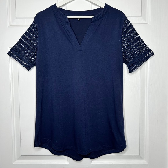 Zattcas Navy Blue Crochet Sleeve Top‎ V-Neck Casual Blouse Women's Size L - Picture 1 of 5